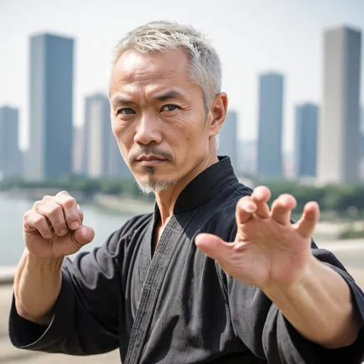 Prompt: 50 year old kung fu master sifu with blue eyes, blonde and grey hair, and a city background, in a kung fu pose.  Nationality is half white, half chinese.