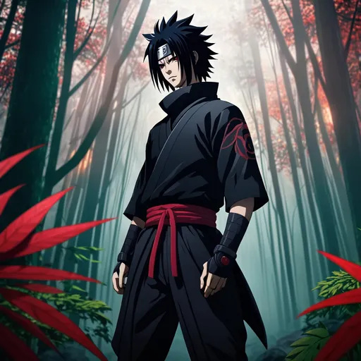 Prompt: Sasuke, iconic character design from anime, intense expression, dramatic pose, sleek black attire with ninja details, standing in a serene yet chaotic forest backdrop, soft light filtering through vibrant leaves, rich colors conveying a sense of depth, high-quality 4K, ultra-detailed rendering, moody atmosphere full of tension and mystery.