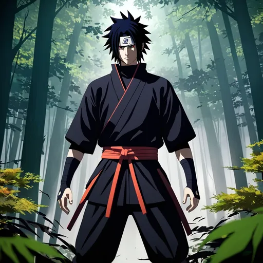 Prompt: Sasuke, iconic character design from anime, intense expression, dramatic pose, sleek black attire with ninja details, standing in a serene yet chaotic forest backdrop, soft light filtering through vibrant leaves, rich colors conveying a sense of depth, high-quality 4K, ultra-detailed rendering, moody atmosphere full of tension and mystery.