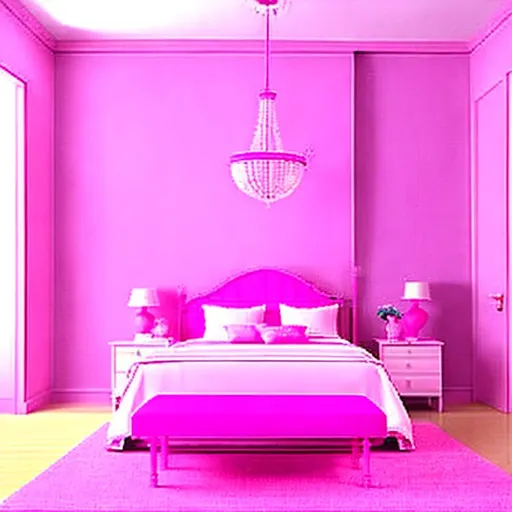 Prompt: Bedroom all furniture bedding carpet walls floor ceiling picture frame lamp door are the same exact color barbie pink
