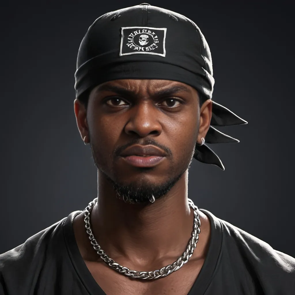 Prompt: A black thug with rage and fearless eyes wearing a baseball cap and a black bandana tied in his neck 