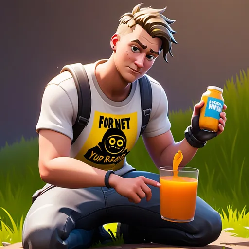 Prompt: Fortnite character kneeling for juice wrly wearing a "if your reading this I farted shirt"