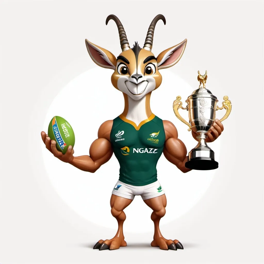 Prompt: a cartoon springbok with heaps of muscles holding the 2023 rugby world cup trophy with white background and standing on a kiwi from new zealand
