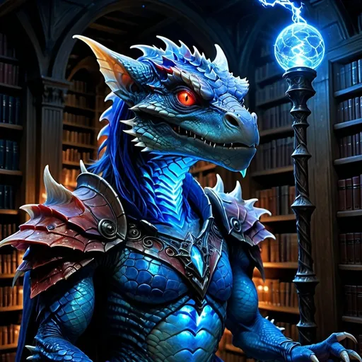 Prompt: Electric blue Kobold, detailed blue and red scales with electric glow, massive library setting, 1980's  fantasy style, vibrant colors, fantasy creature, magical atmosphere, glowing eyes, ethereal lighting, high quality, fantasy, electric blue, detailed scales, vibrant colors, magical atmosphere, glowing eyes, ethereal lighting, high fantasy style