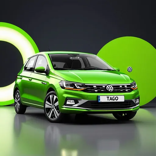 Prompt: photo realistic 2024 model Volkswagen Tiago, the car is black in color and is parked infront of a large lime green circle., 