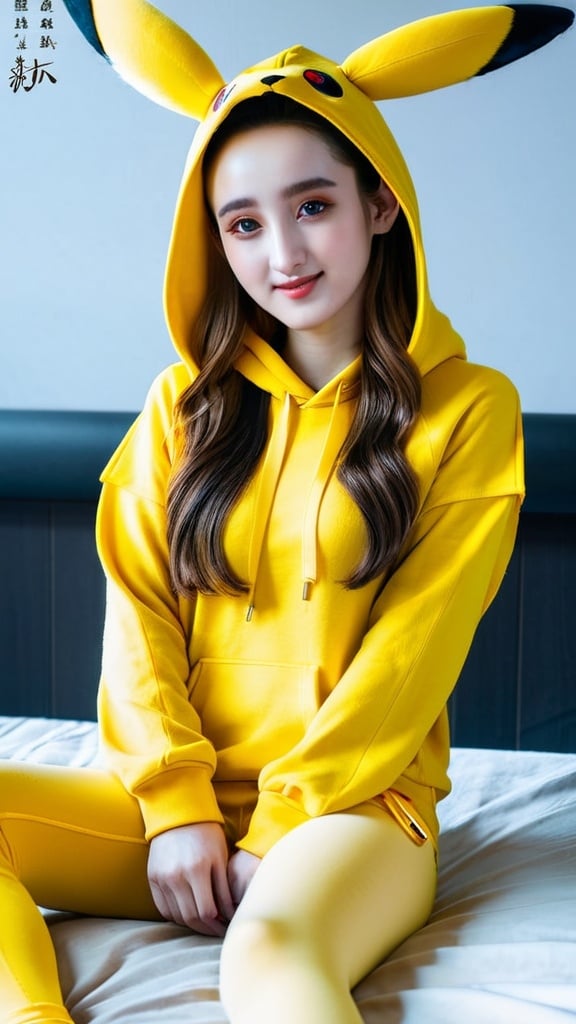 Prompt: A 20 years old uyghur woman with the beauty of Dilraba Dilmurat, with natural makeup, stylish attire, and a pleasant expression. Focus on capturing her unique facial features and charm. Her clothes, pants, accessories, hat, and shoes are well-fitted and look realistic. She's wearing a yellow hoodie or dress with Pikachu's ears and tail attached, paired with yellow leggings or shorts, cosplaying as Pikachu. She's making cute pose in her room. 