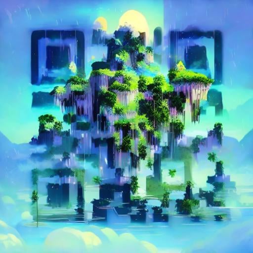 Prompt: A magnificent floating island in the sky above the sea, defying gravity, floating and flying island, waterfall, epic lighting, epic composition, highly detailed