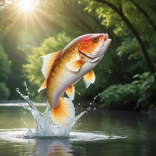 Prompt: "Create a photorealistic image of a large, vibrant fish leaping out of a clear, flowing river surrounded by lush greenery. The fish should have water droplets splashing around it as it breaks the surface, capturing the moment mid-air with sunlight glistening off its scales. The background should show a serene natural setting with trees reflecting in the calm water, and a soft golden light illuminating the scene, suggesting a peaceful, early morning or late afternoon setting."