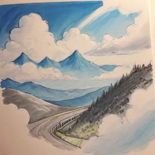 Prompt: draw me some mountains and road beetwen. Clouds and blue sky