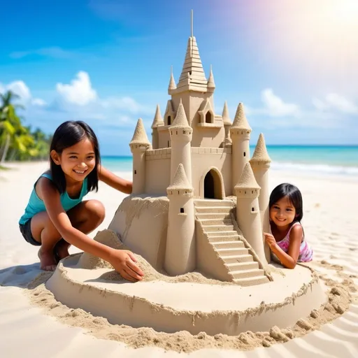 Prompt: a small miniature castle, about 1 meter high, made from white beach sand which is arranged in stages, showing traces of sand that is still wet and not completely finish, located around a white sandy beach, around it, there are 2 Indonesian girl, 10 years old, who is pouring sand by hand, while finishing building the castle, while looking at the camera and smiling, lots of people looking at it, indonesian beach background, sharp focus, focus on girl's face, hyper realistic, ultra high (detailed, resolution, definition) 8k