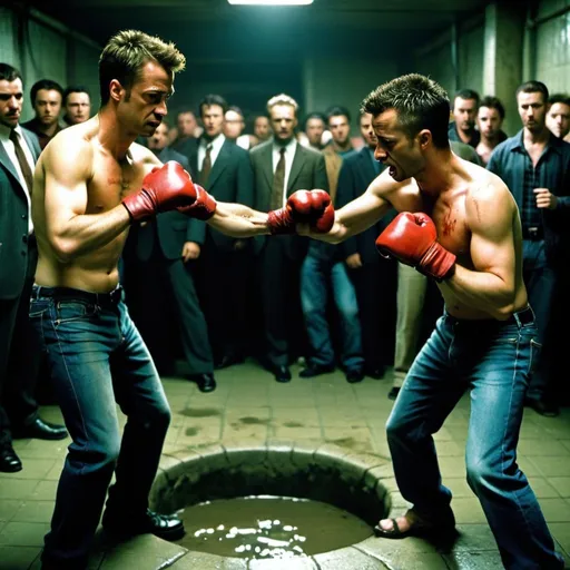 Prompt: Picture about the movie Fightclub, 2 guys fighting with fists  in a sewer and some public watching the scene,