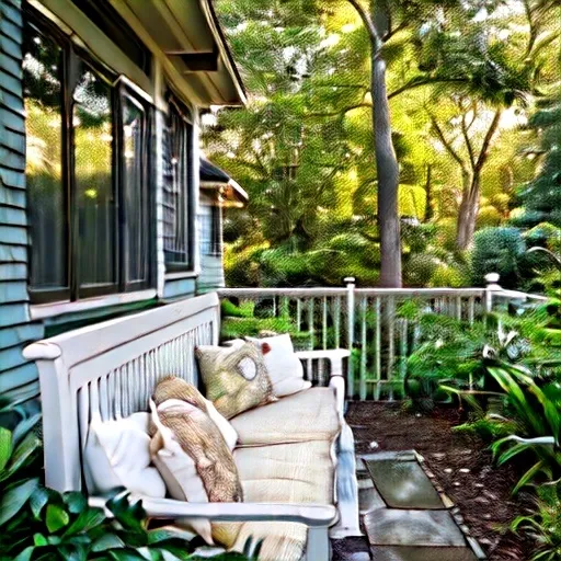 Prompt: Nestled among towering trees, a charming white cottage exudes warmth and inviting charm with its neatly structured façade and cozy porch. Soft golden light spills from vintage-style lanterns, illuminating the front porch that features a rustic wooden bench adorned with floral cushions, while potted flowers flanking the entrance add a vibrant touch of greenery. A neatly paved walkway leads up to the home, bordered by lush grass, enhancing the tranquil atmosphere of surrounding nature. The scene captures a serene evening ambiance, with the clear sky transitioning to dusk, inviting a sense of peace and simplicity that feels like a warm embrace.