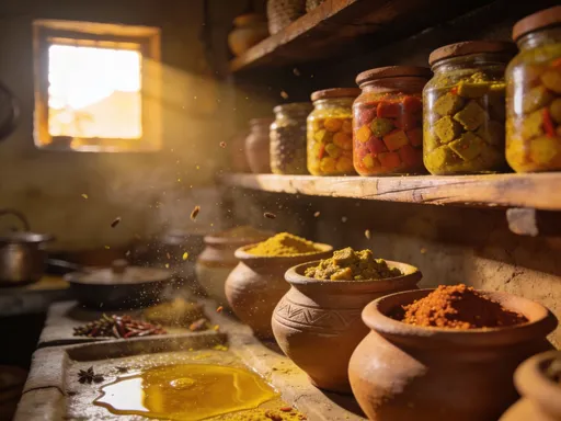 Prompt: Cinematic opening shot of an old Indian kitchen at dawn, soft golden sunlight entering through a small window, clay jars filled with colorful pickles on wooden shelves, mustard oil glistening, spices floating in air, slow camera movement, warm nostalgic tones, ultra-realistic, 4K documentary style, shallow depth of field