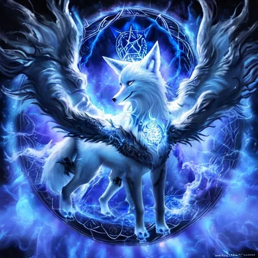 Prompt: Spirit fox bursting through Norse pentacle in the midnight sky, oil painting, detailed fur with ethereal glow, mystical, vibrant colors, high contrast, highres, fantasy, Norse mythology, detailed eyes, atmospheric lighting, majestic