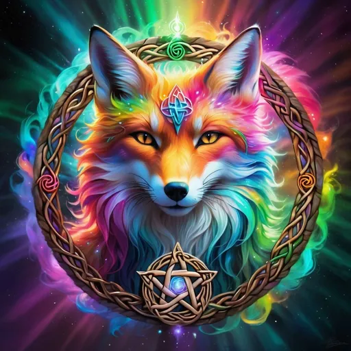 Prompt: Spirit fox bursting through celtic pentacle, vibrant colors, magical aura, ethereal artistic style, mystical fox fur, radiant rainbow light, high quality, fantasy, ethereal, vibrant colors, mystical, detailed fur, magical lighting