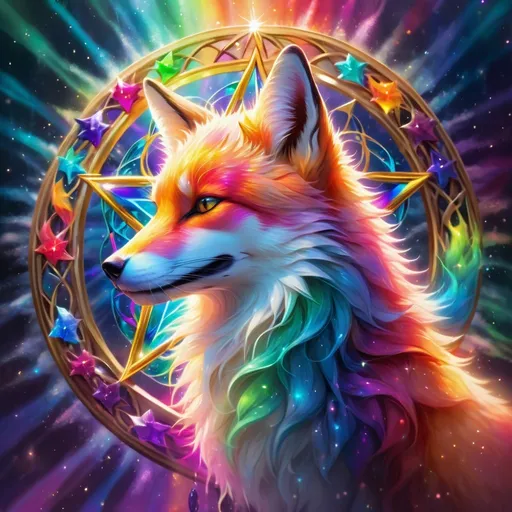 Prompt: Spirit fox bursting through glistening rainbow pentacle, vibrant colors, magical aura, ethereal artistic style, mystical fox fur, radiant rainbow light, high quality, fantasy, ethereal, vibrant colors, mystical, detailed fur, magical lighting