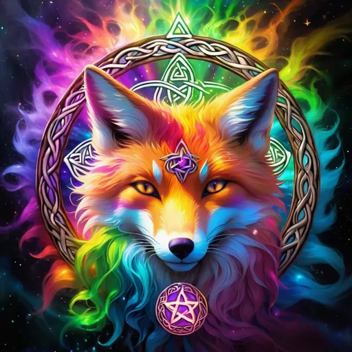 Prompt: Spirit fox bursting through celtic pentacle, vibrant colors, magical aura, ethereal artistic style, mystical fox fur, radiant rainbow light, high quality, fantasy, ethereal, vibrant colors, mystical, detailed fur, magical lighting