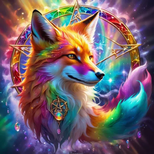 Prompt: Spirit fox bursting through glistening rainbow pentacle, vibrant colors, magical aura, ethereal artistic style, mystical fox fur, radiant rainbow light, high quality, fantasy, ethereal, vibrant colors, mystical, detailed fur, magical lighting