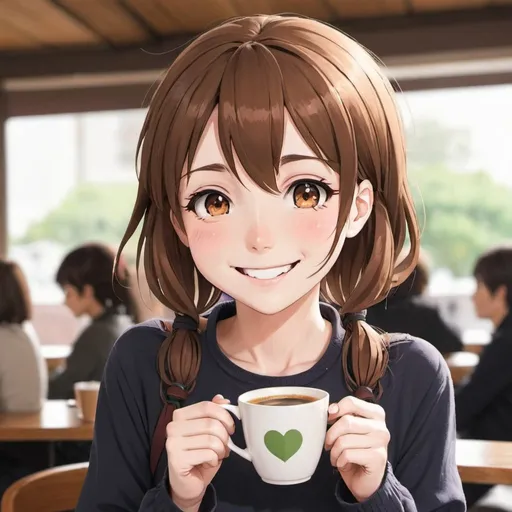 Prompt: Anime girl smiling, while holding a cup of coffee 