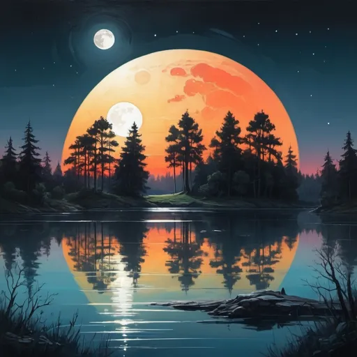 Prompt: a painting of a sunset with a lake and trees in the foreground and a full moon in the background, Anton Fadeev, space art, trending on art station, a detailed drawing