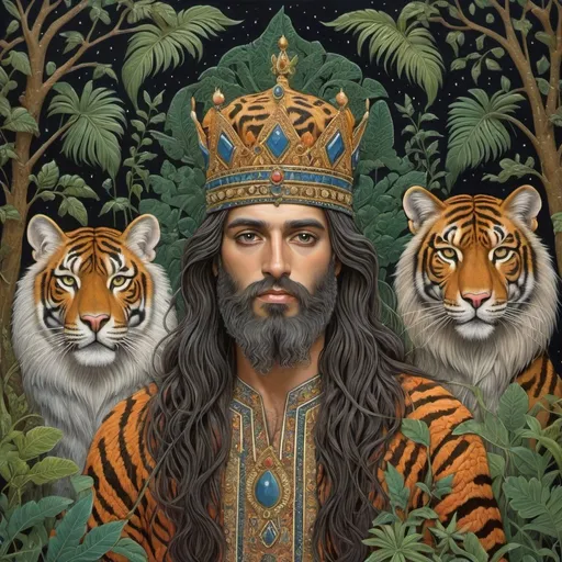 Prompt: he is a persian king with long hair and beard with night animals in jungle, tiger, wolf and leopard included style of Nicholas Hughes, Genevieve Godbout, Morris Hirshfield, Robert Gillmor, Amy Giacomelli. Extremely detailed, intricate, beautiful, 3d, high definition 