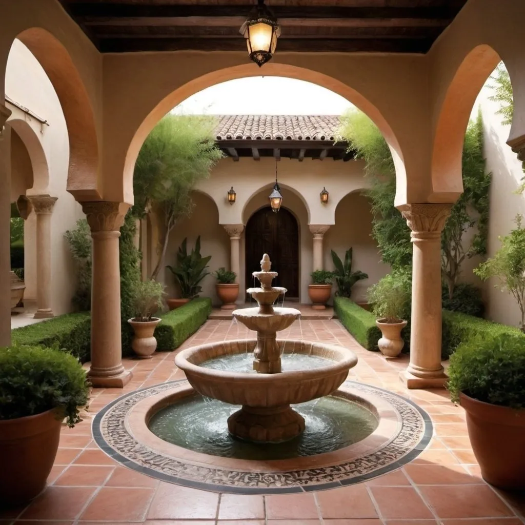 Prompt: combine andalusian and persian patio together. add small fountain in the middle of patio with green vegetation around patio. use persian columns instead of andalusian columns. use persian arch