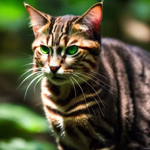 Prompt: mature dominant Tabby Blotched cat with  green eyes, in the forest 