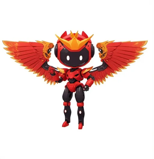 Prompt: a cartoon character with wings and a crown on his head, standing in front of a white background with a red background, Ai-Mitsu, sumatraism, mecha, concept art