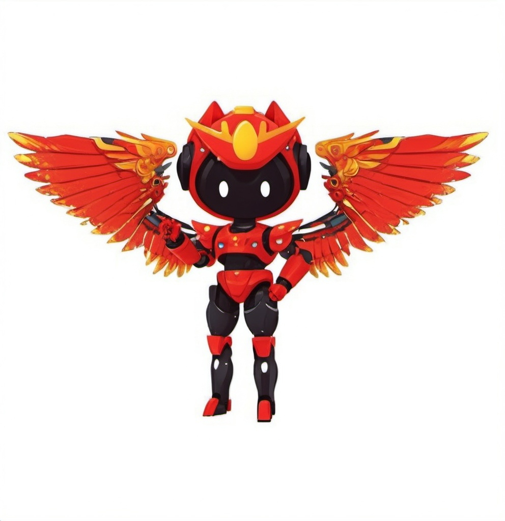 Prompt: a cartoon character with wings and a crown on his head, standing in front of a white background with a red background, Ai-Mitsu, sumatraism, mecha, concept art