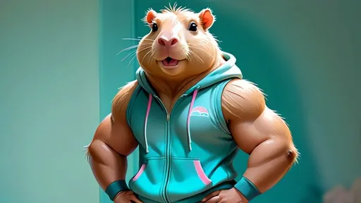Prompt: Dreamy pastel portrait, super muscular capybara wearing tracksuit pants and a singlet, posing for cameras