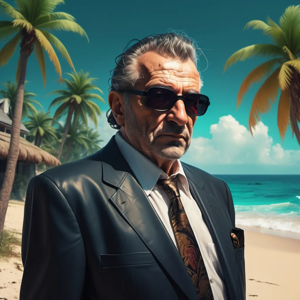 Prompt: Portrait of a retired italian mobster on a tropical island.

Cyberpunk fantasy style.