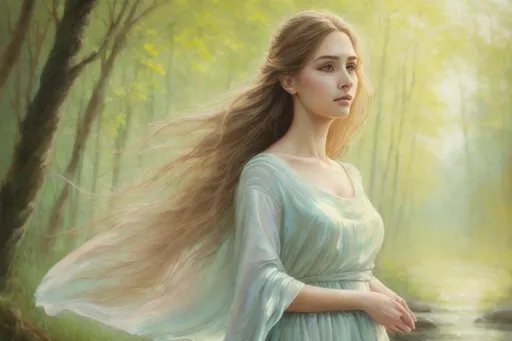 Prompt: Young woman, oil painting, serene expression, flowing dress, nature background, soft pastel colors, natural lighting, high quality, detailed, oil painting, serene expression, flowing dress, nature, soft pastel colors, natural lighting