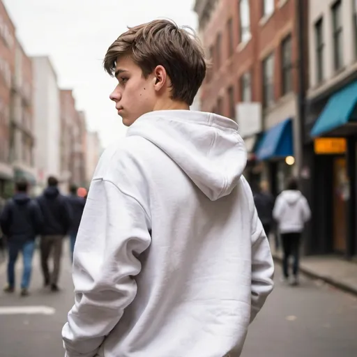 Prompt: a profile photo of a younger-looking 18-year-old boy, he has his back turned in the image and is wearing a white hooded sweatshirt, the boy has his hands in the pocket of his sweatshirt admiring the streets of the big city, which is a capital