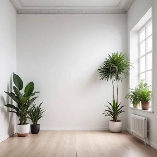 Prompt: highly realistic images of front on close up view of a blank white wall with no windows in a medium sized room in a modern and architecturally designed house with lots of house plants
