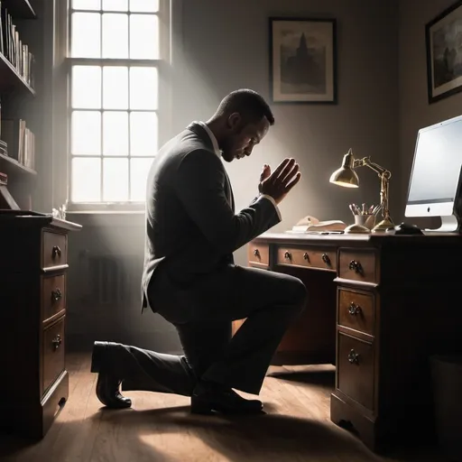 Prompt: A man seeking a higher power while kneeling at his desk.