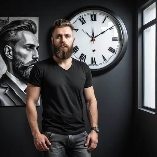 Prompt: a man with a beard and a black shirt is standing in a room with a clock on the wall, Dahlov Ipcar, hyperrealism, tech wear, a stock photo