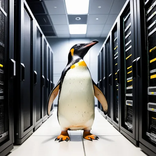 Prompt: A penguin doing high performance computing in a data center at a national laboratory