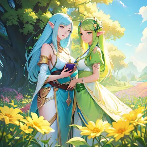 Prompt: close-up, on a lovely spring day, create a  colored pen and ink illustration of two elf women in a loving relationship, standing beneath enormous flowers in a field. Emulate the artistry of Cyril Rolando and Goro Fujita, inspired by their styles. Enhance the artwork with 4K resolution, v-ray, ray tracing, and cell shading techniques. Enrich the scene with enormous butterflies flying overhead, each with a huge wingspan.