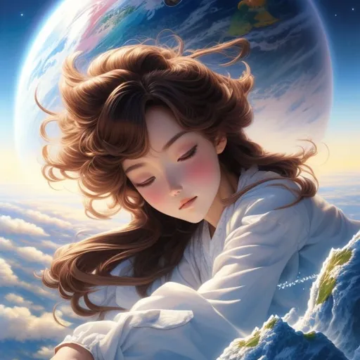 Prompt: close-up,josei anime Art  of a gigantic french woman brunette hugging a miniature planet earth as she sleeps in space, aged 23, perfect features, trending on Artstation 8k oil on canvas fantastic view acrylic art elegant depth of field vibrant mystical crisp quality hyperrealistic Ted Nasmith John Howe