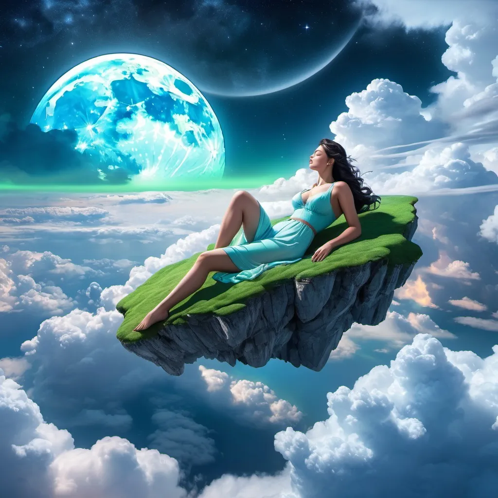 Prompt: giant,  gigantic woman, perfect features laying on clouds above miniature landscape, aurora in the sky, full moon, cell shading, stunning visuals