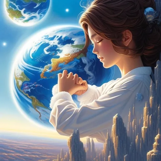 Prompt: close-up,josei anime Art  of a gigantic french woman brunette hugging a miniature planet earth as she sleeps in space, aged 23, perfect features, trending on Artstation 8k oil on canvas fantastic view acrylic art elegant depth of field vibrant mystical crisp quality hyperrealistic Ted Nasmith John Howe