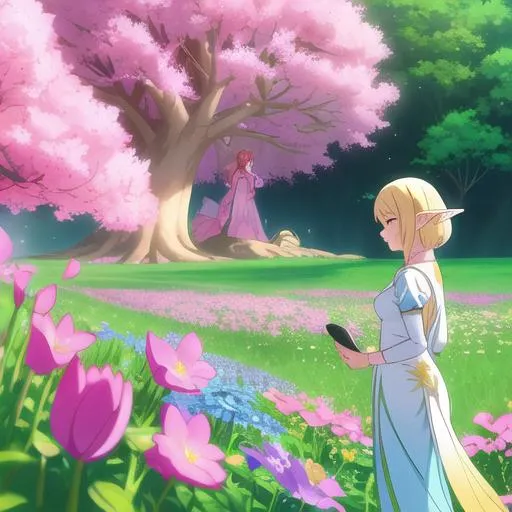 Prompt: close-up, on a lovely spring day, create a  colored pen and ink illustration of two elf women in a loving relationship, standing beneath enormous flowers in a field. Emulate the artistry of Cyril Rolando and Goro Fujita, inspired by their styles. Enhance the artwork with 4K resolution, v-ray, ray tracing, and cell shading techniques. Enrich the scene with enormous butterflies flying overhead, each with a huge wingspan.