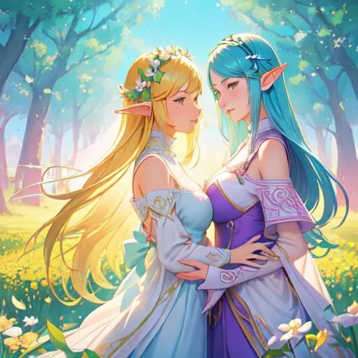 Prompt: close-up, on a lovely spring day, create a  colored pen and ink illustration of two elf women in a loving relationship, standing beneath enormous flowers in a field. Emulate the artistry of Cyril Rolando and Goro Fujita, inspired by their styles. Enhance the artwork with 4K resolution, v-ray, ray tracing, and cell shading techniques. Enrich the scene with enormous butterflies flying overhead, each with a huge wingspan.