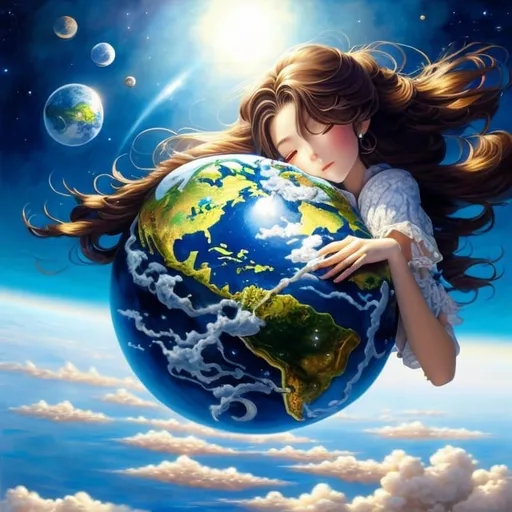 Prompt: close-up,josei anime Art  of a gigantic french woman brunette hugging a miniature planet earth as she sleeps in space, aged 23, perfect features, trending on Artstation 8k oil on canvas fantastic view acrylic art elegant depth of field vibrant mystical crisp quality hyperrealistic Ted Nasmith John Howe