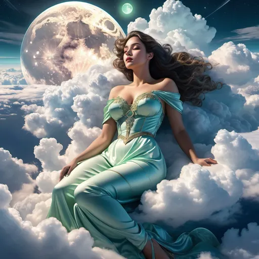 Prompt: giant,  gigantic woman, perfect features laying on clouds above miniature landscape, aurora in the sky, full moon, cell shading, stunning visuals