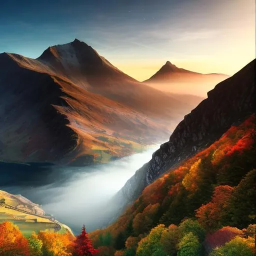 Prompt: ray tracing, v_ray, Mt snowdon,at dawn, early morning autumn mist, , ultra hd, realistic, vivid colors, highly detailed, UHD drawing, pen and ink, perfect composition, beautiful detailed intricate insanely detailed octane render trending on artstation, 8k artistic photography, photorealistic concept art, soft natural volumetric cinematic perfect light