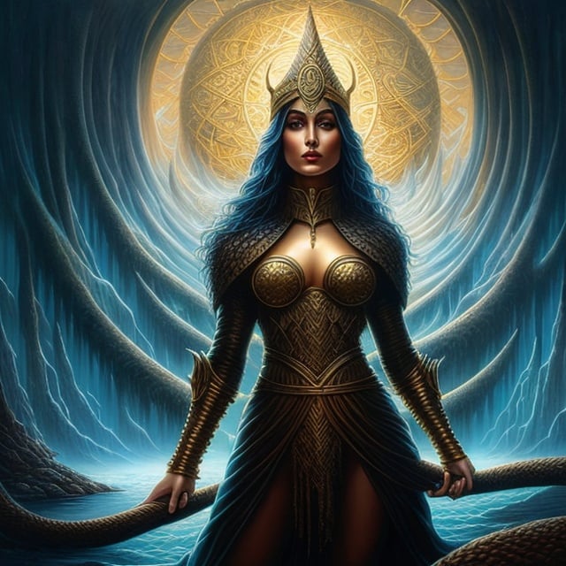 Prompt: Full body close-up, a woman standing in the middle of a body of water, symmetrical epic fantasy art, very, very tall earth goddess mythology, beautiful female gorgon, a stunning portrait of a goddess, 8 0's style tomasz alen kopera, epic fantasy novel cover art, an ominous fantasy illustration, dan mumford tom bagshaw, by Johfra Bosschart, fantasy rpg symmetrical portrait