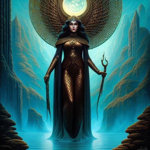 Prompt: Full body close-up, a woman standing in the middle of a body of water, symmetrical epic fantasy art, very, very tall earth goddess mythology, beautiful female gorgon, a stunning portrait of a goddess, 8 0's style tomasz alen kopera, epic fantasy novel cover art, an ominous fantasy illustration, dan mumford tom bagshaw, by Johfra Bosschart, fantasy rpg symmetrical portrait