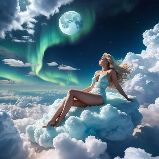 Prompt: giant,  gigantic woman, perfect features laying on clouds above miniature landscape, aurora in the sky, full moon, cell shading, stunning visuals