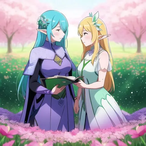 Prompt: close-up, on a lovely spring day, create a  colored pen and ink illustration of two elf women in a loving relationship, standing beneath enormous flowers in a field. Emulate the artistry of Cyril Rolando and Goro Fujita, inspired by their styles. Enhance the artwork with 4K resolution, v-ray, ray tracing, and cell shading techniques. Enrich the scene with enormous butterflies flying overhead, each with a huge wingspan.